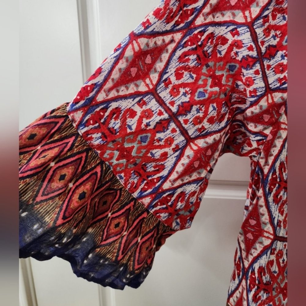 ! Beach Lunch Lounge Bohemian Inspired Contrasting Ruffled Trim Blouse Size M ! - Picture 3 of 6